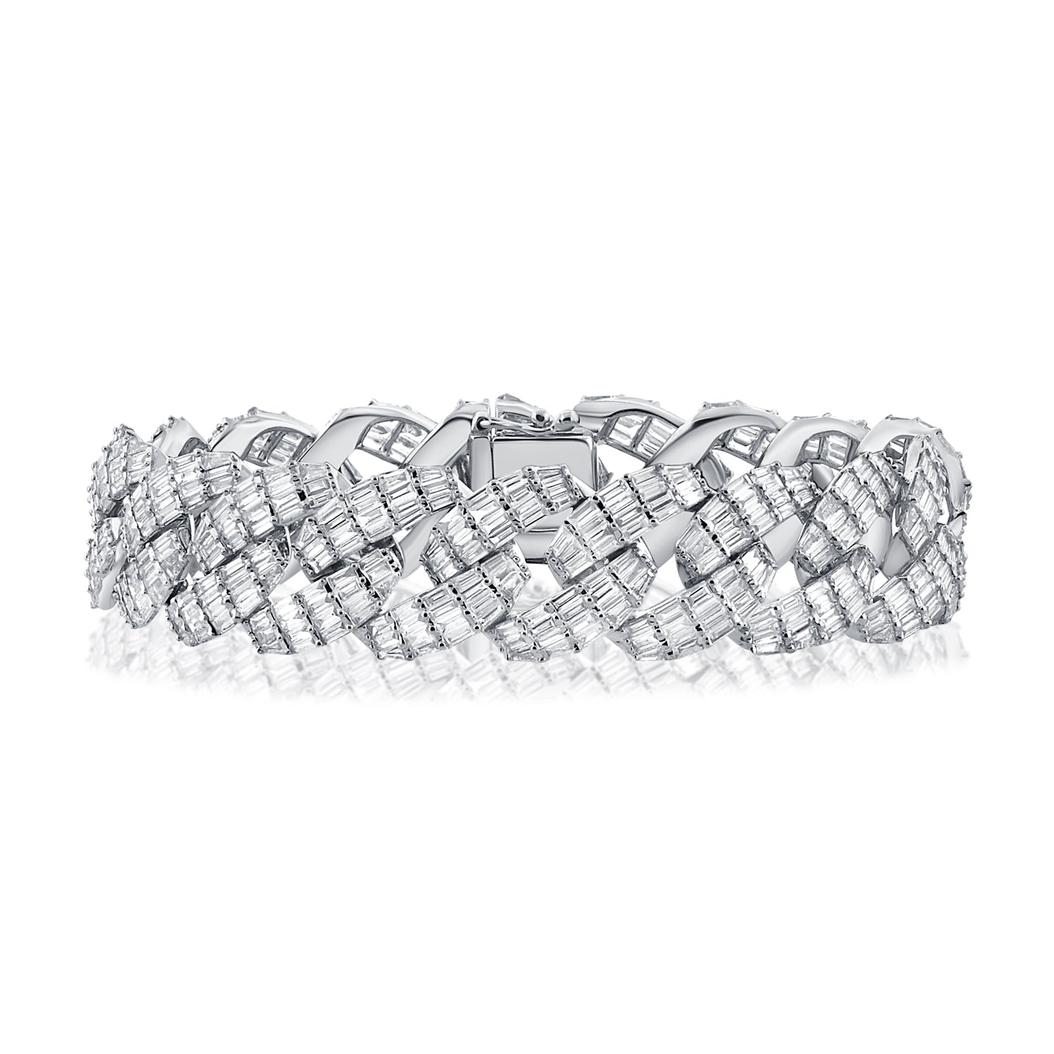 14KT White Gold Baguette Diamond Cuban Link Chain Bracelet