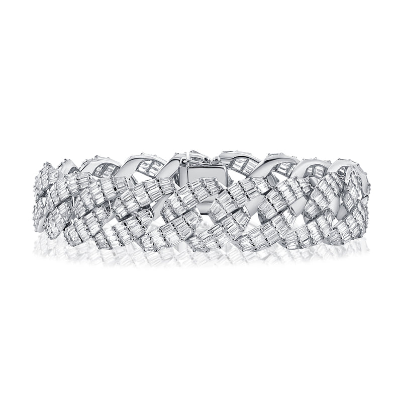 14KT White Gold Baguette Diamond Cuban Link Chain Bracelet