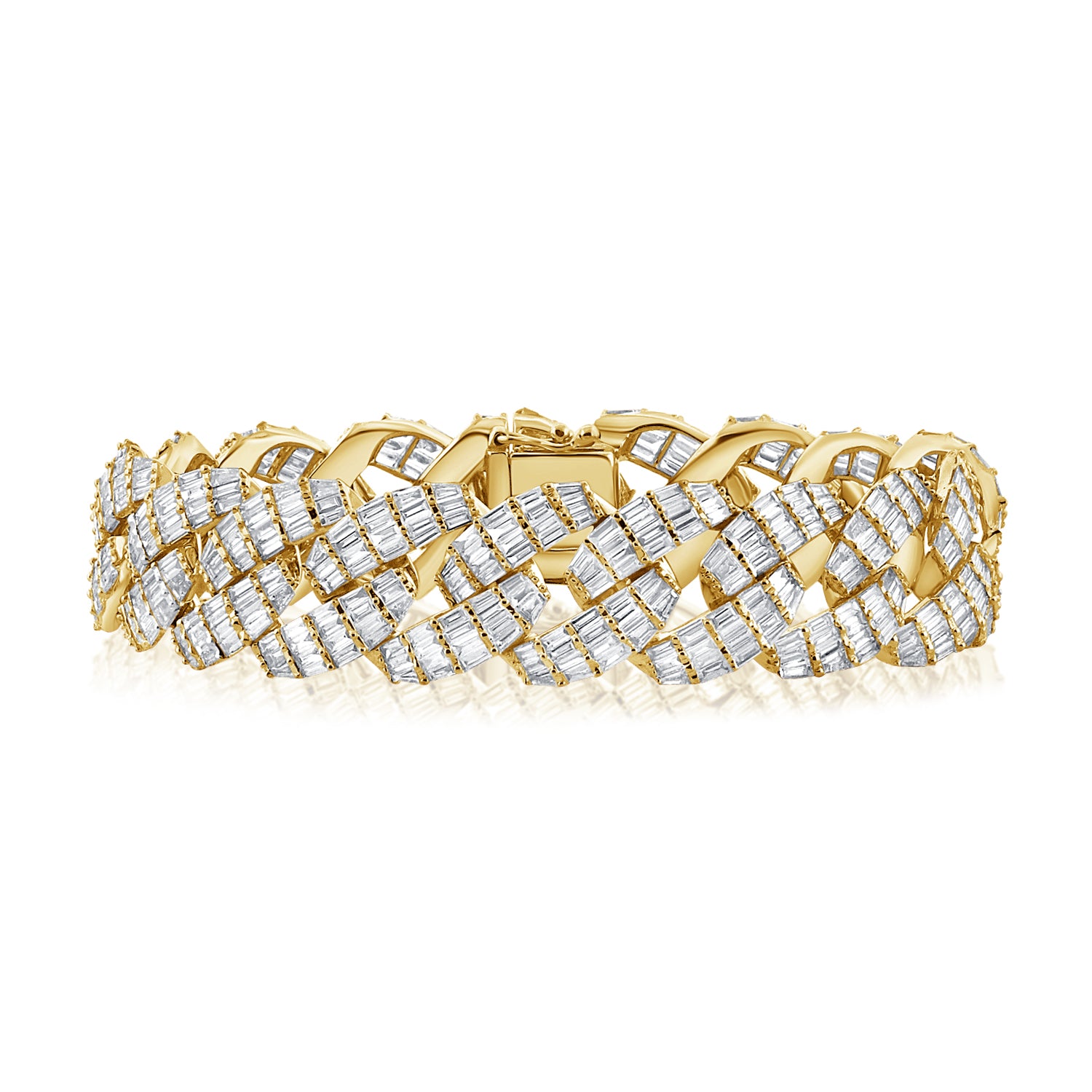 14KT Yellow Gold Baguette Diamond Cuban Link Chain Bracelet