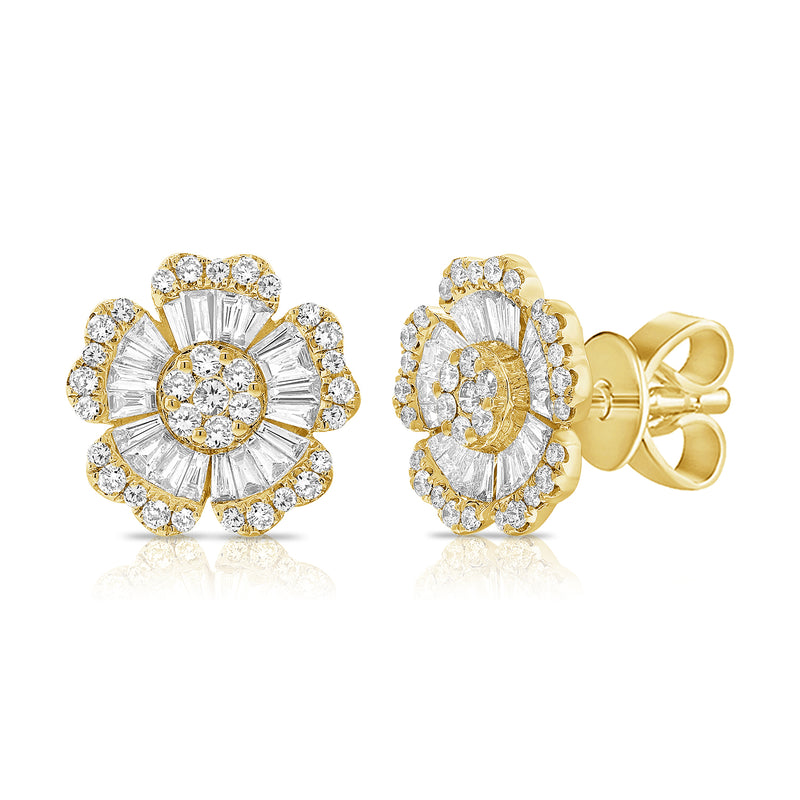 14KT Yellow Gold Baguette Diamond Periwinkle Flower Earrings