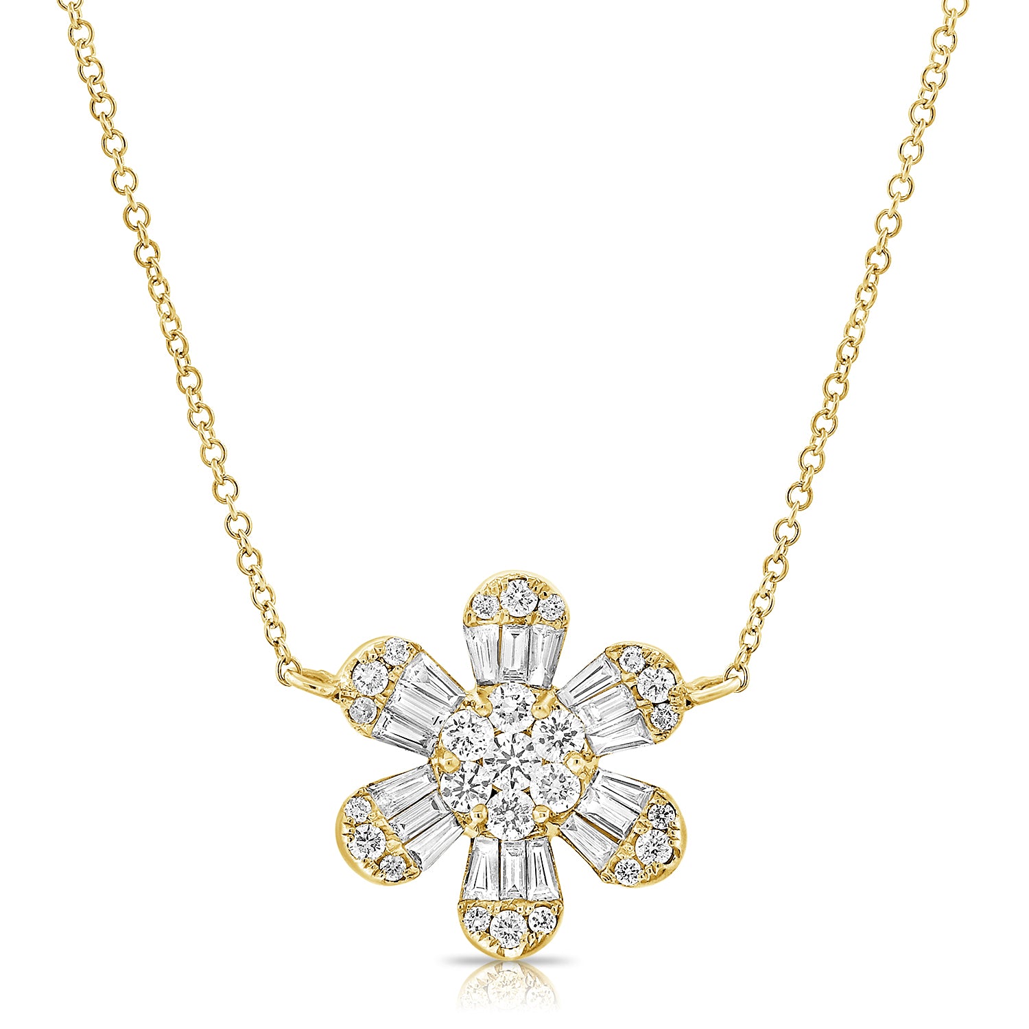 14KT Yellow Gold Baguette Diamond Daisy Necklace