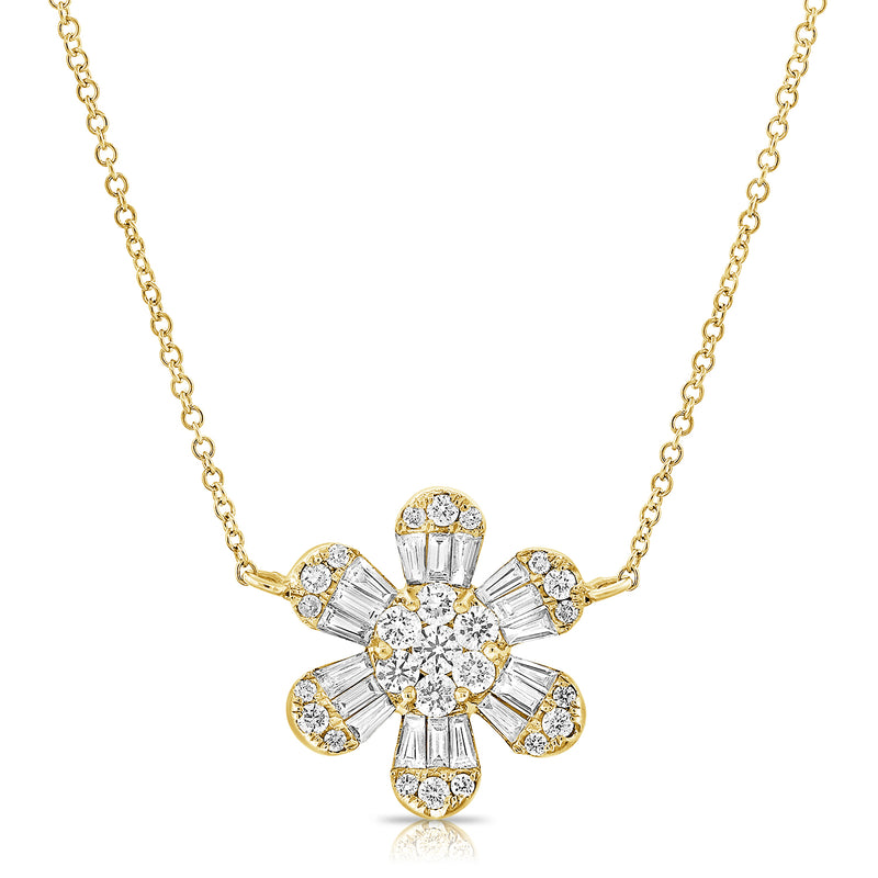 14KT Yellow Gold Baguette Diamond Daisy Necklace