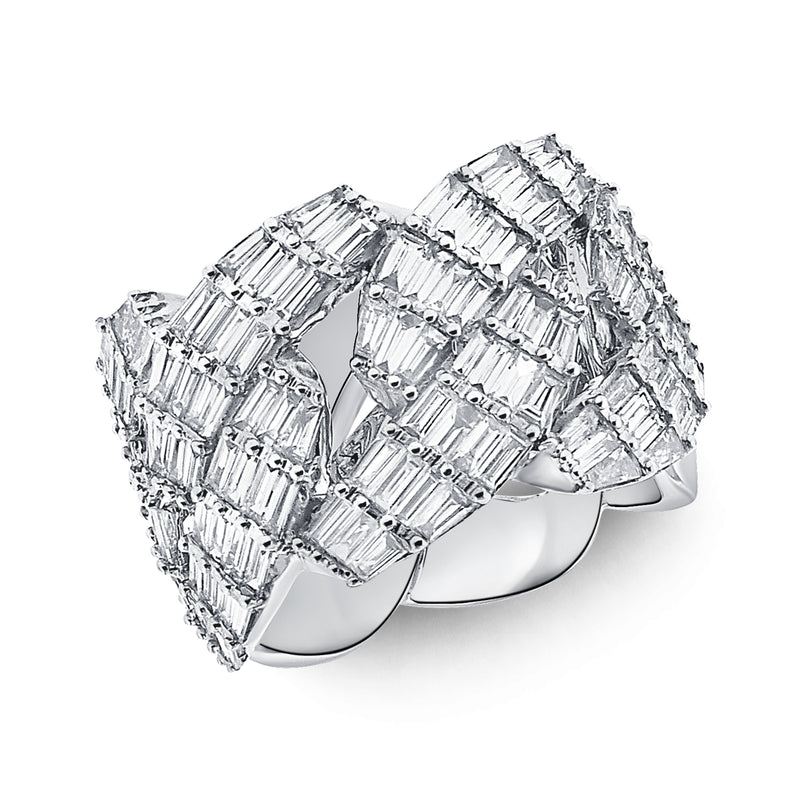 14KT White Gold Baguette Diamond Cuban Chain Link Ring