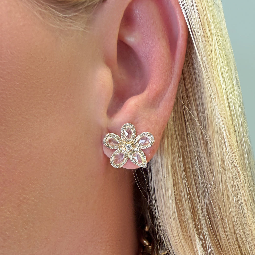 14KT Yellow Gold Rose Cut Diamond Flower Studs