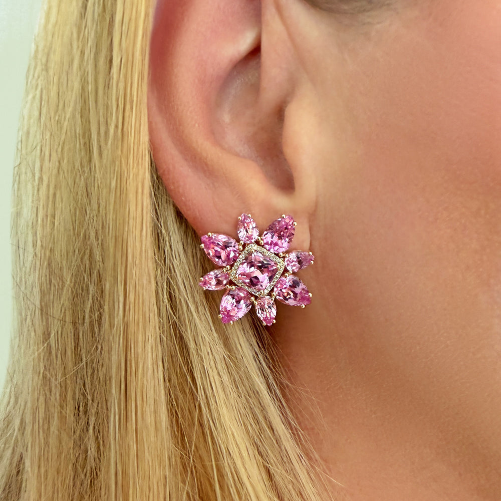 14KT Yellow Gold Pink Topaz Diamond Large Amaryllis Earrings