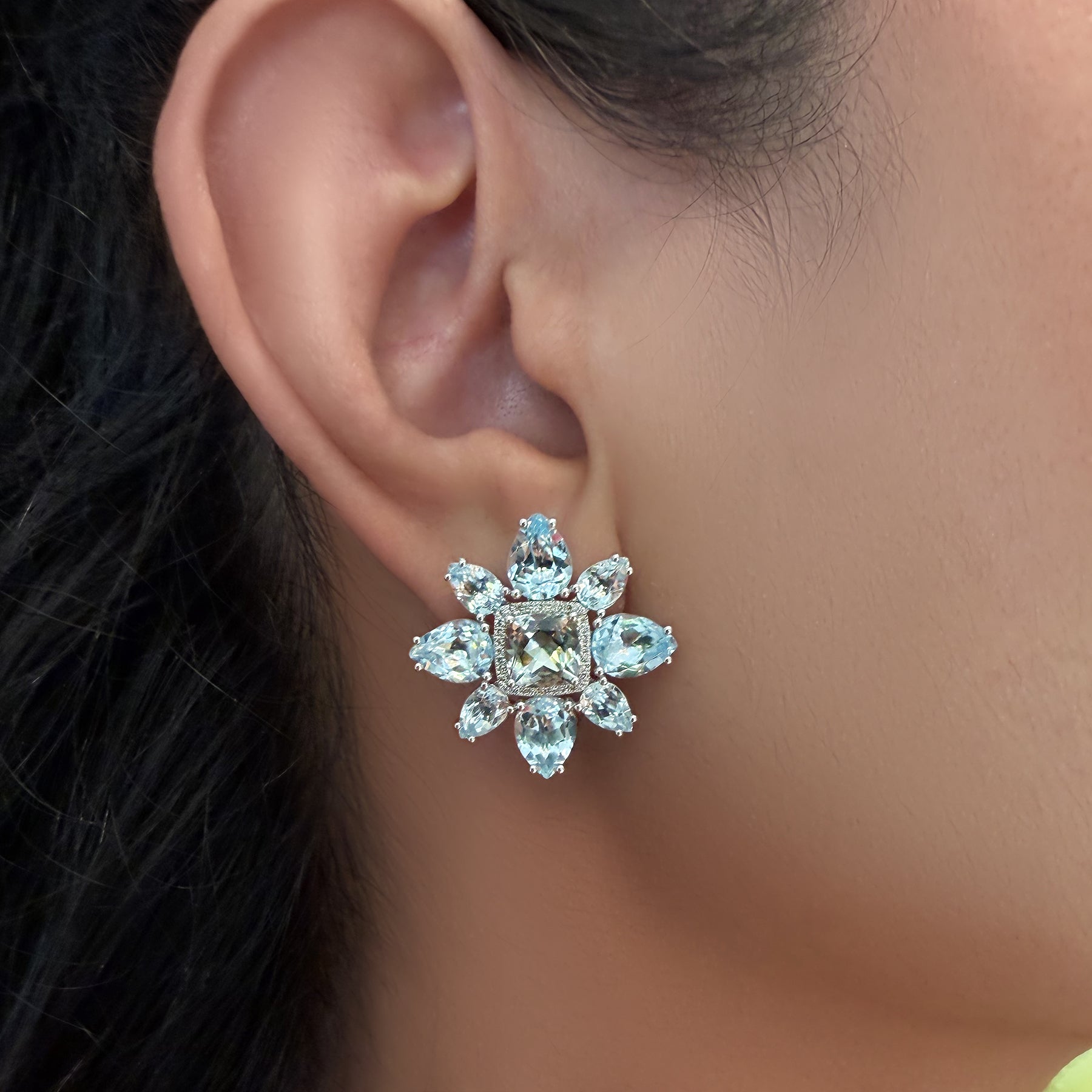 14KT White Gold Blue Topaz Green Amethyst Diamond Large Amaryllis Earrings