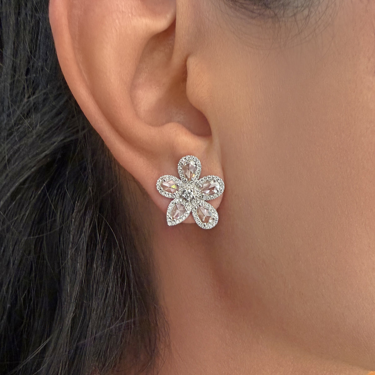 14KT White Gold Rose Cut Diamond Flower Studs