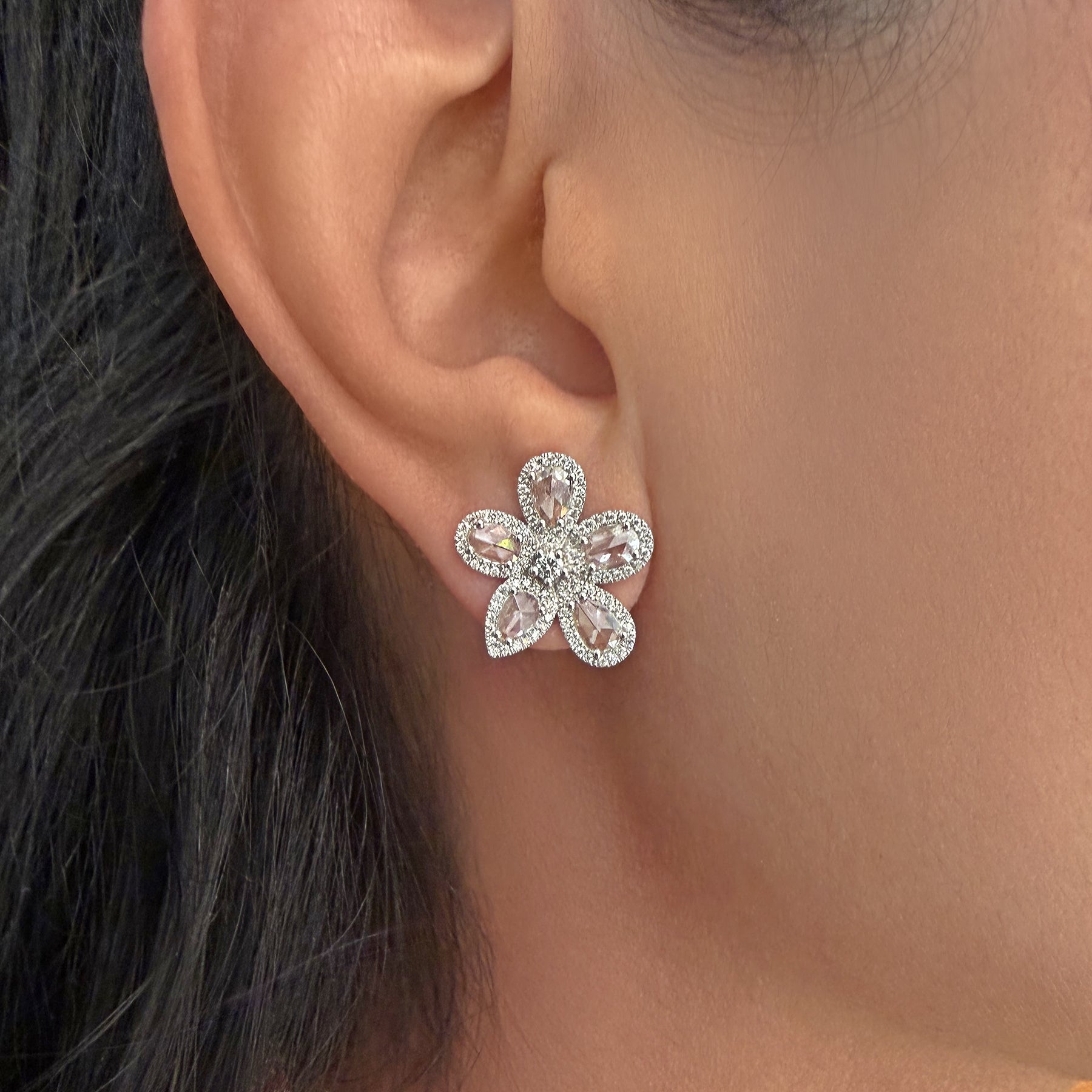 14KT White Gold Rose Cut Diamond Flower Studs