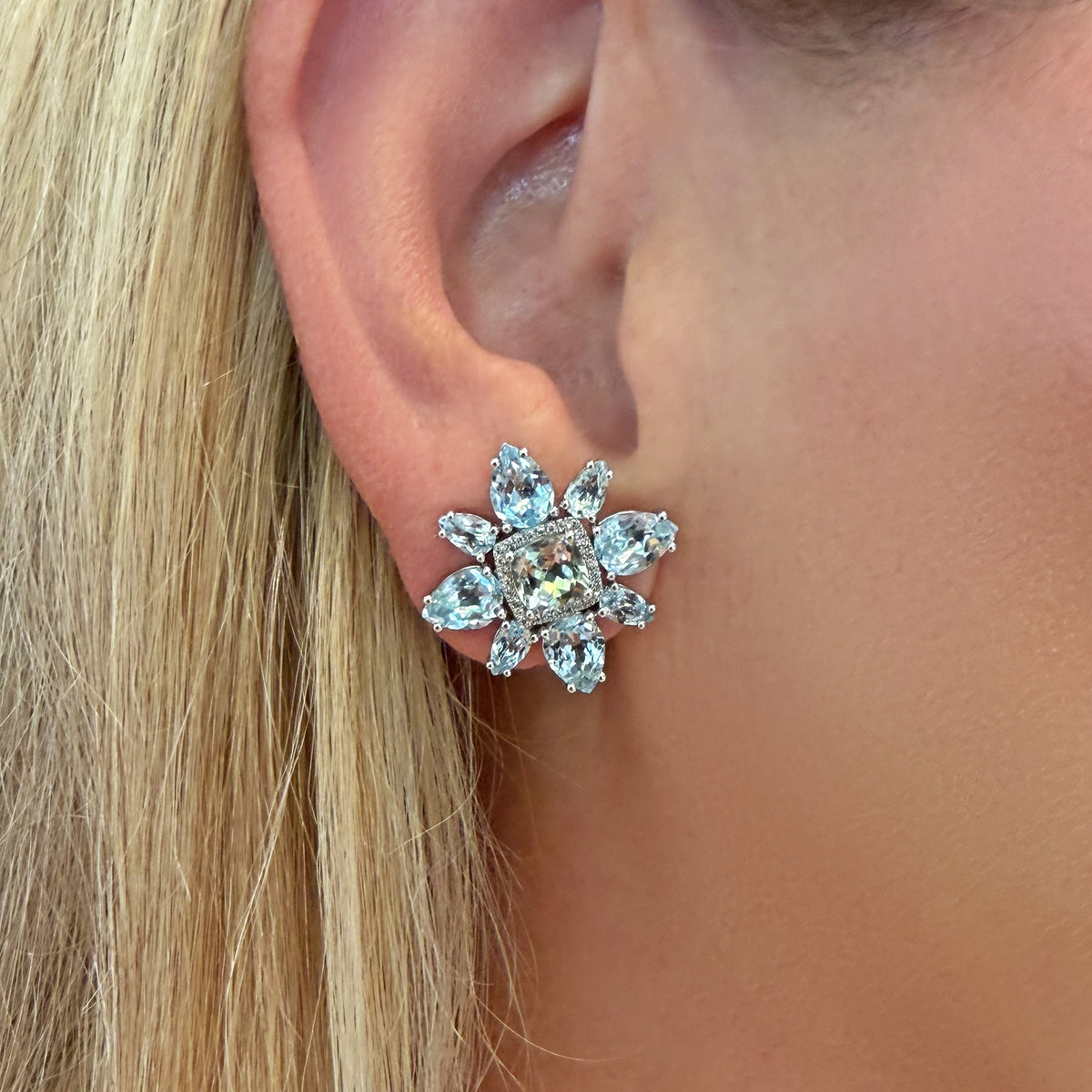 14KT White Gold Blue Topaz Green Amethyst Diamond Small Amaryllis Earrings