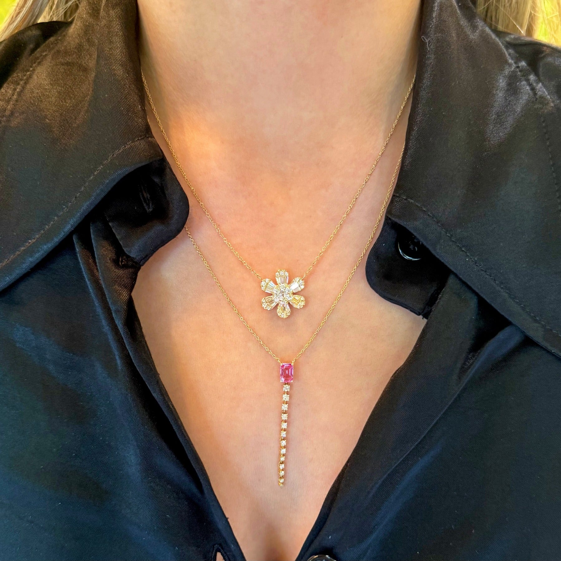 14KT Yellow Gold Baguette Diamond Daisy Necklace & 14KT Yellow Gold Diamond Pink Sapphire Lariat Drop Necklace