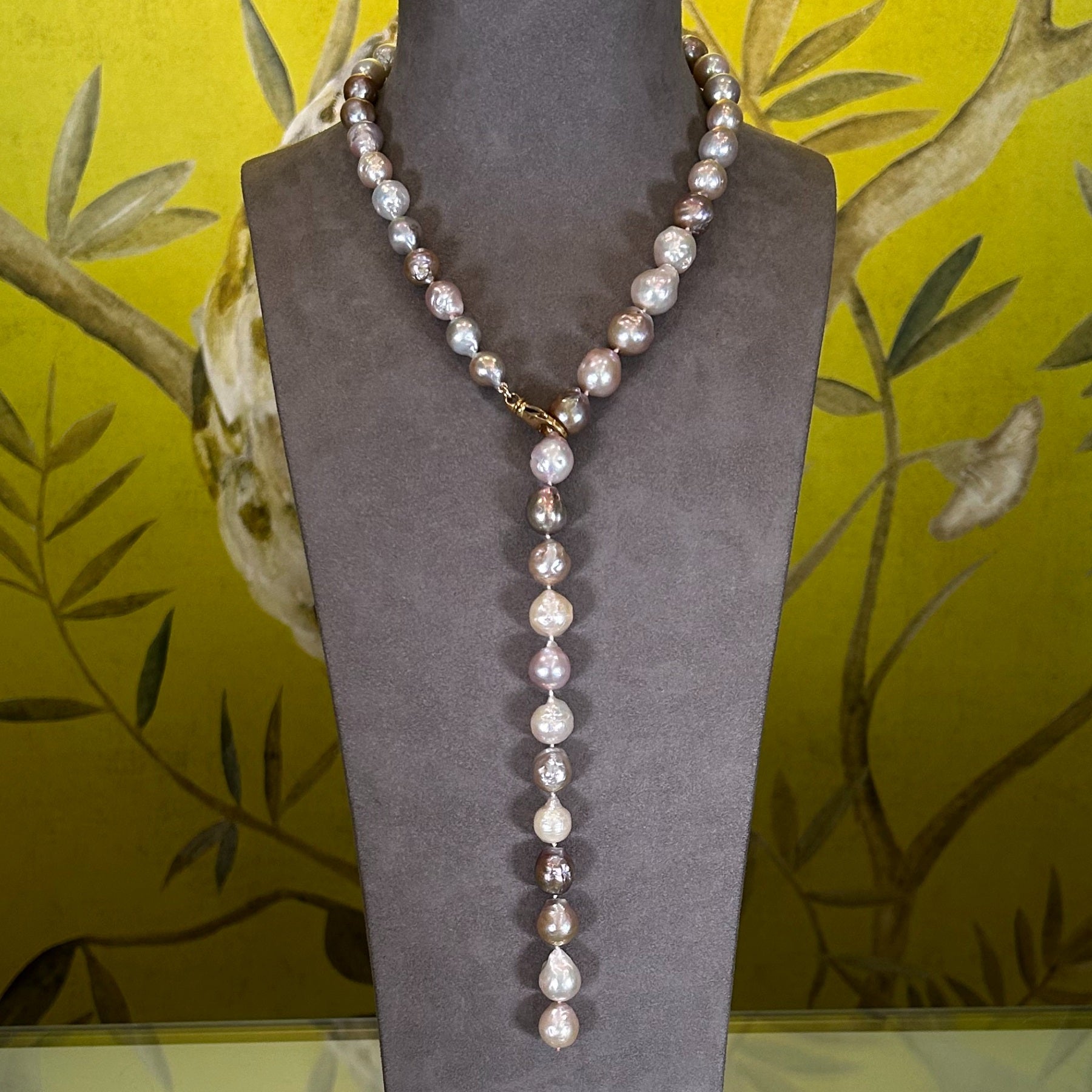 Large Baroque Golden Pink Pearl Lariat Necklace