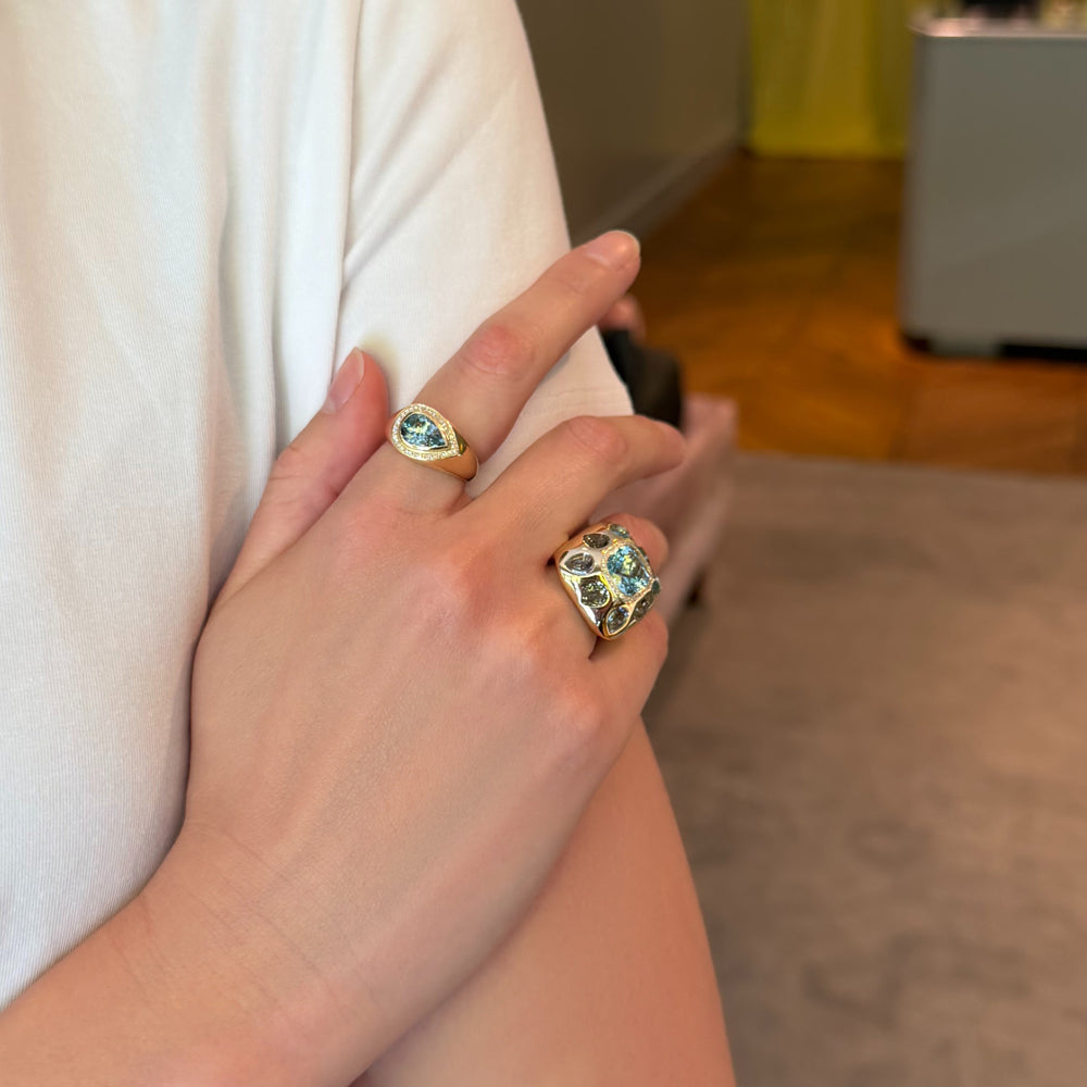 14KT Yellow Gold Pear Shaped Aquamarine Diamond Azure Ring