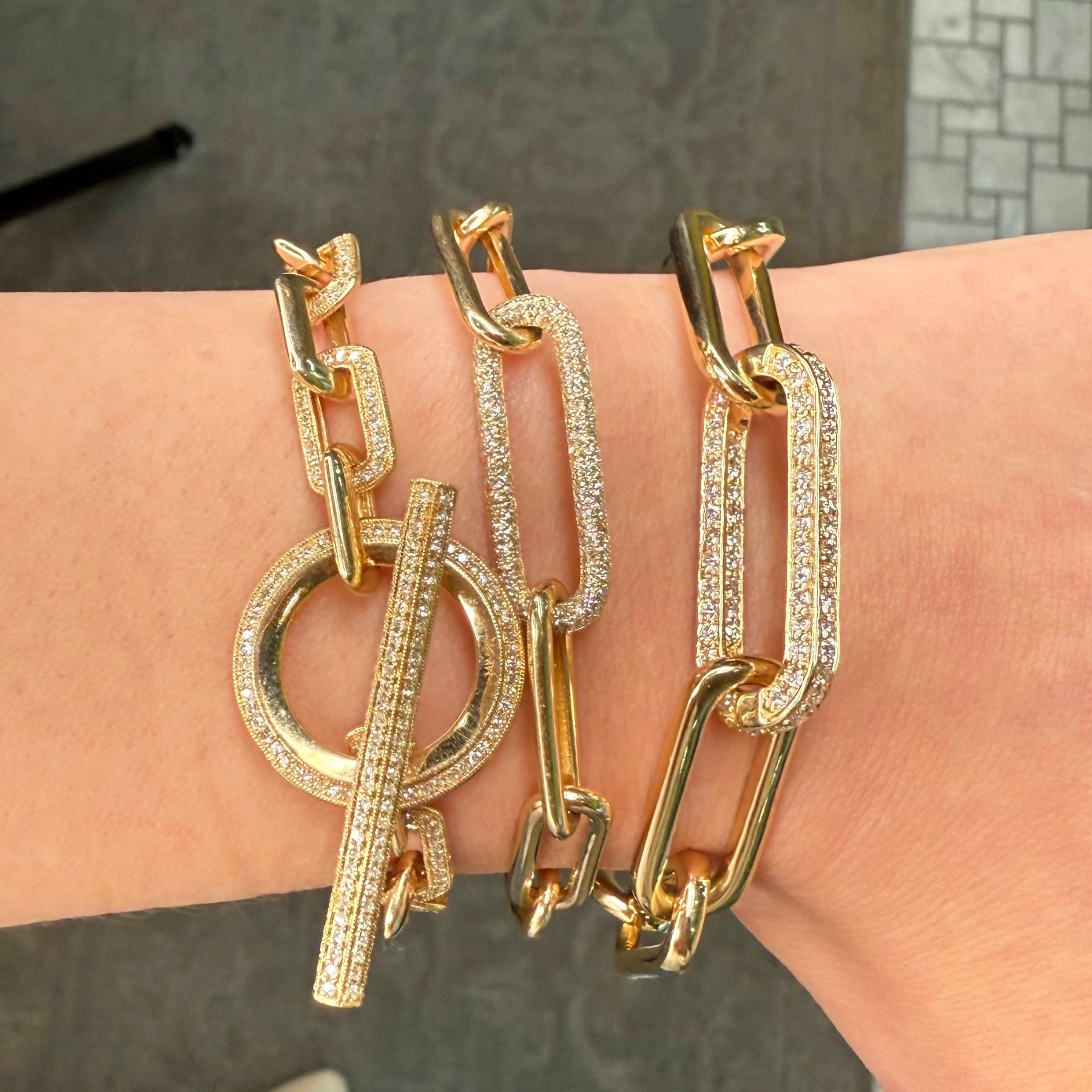 14T Yellow Gold Diamond Chain Link Bracelets Stack