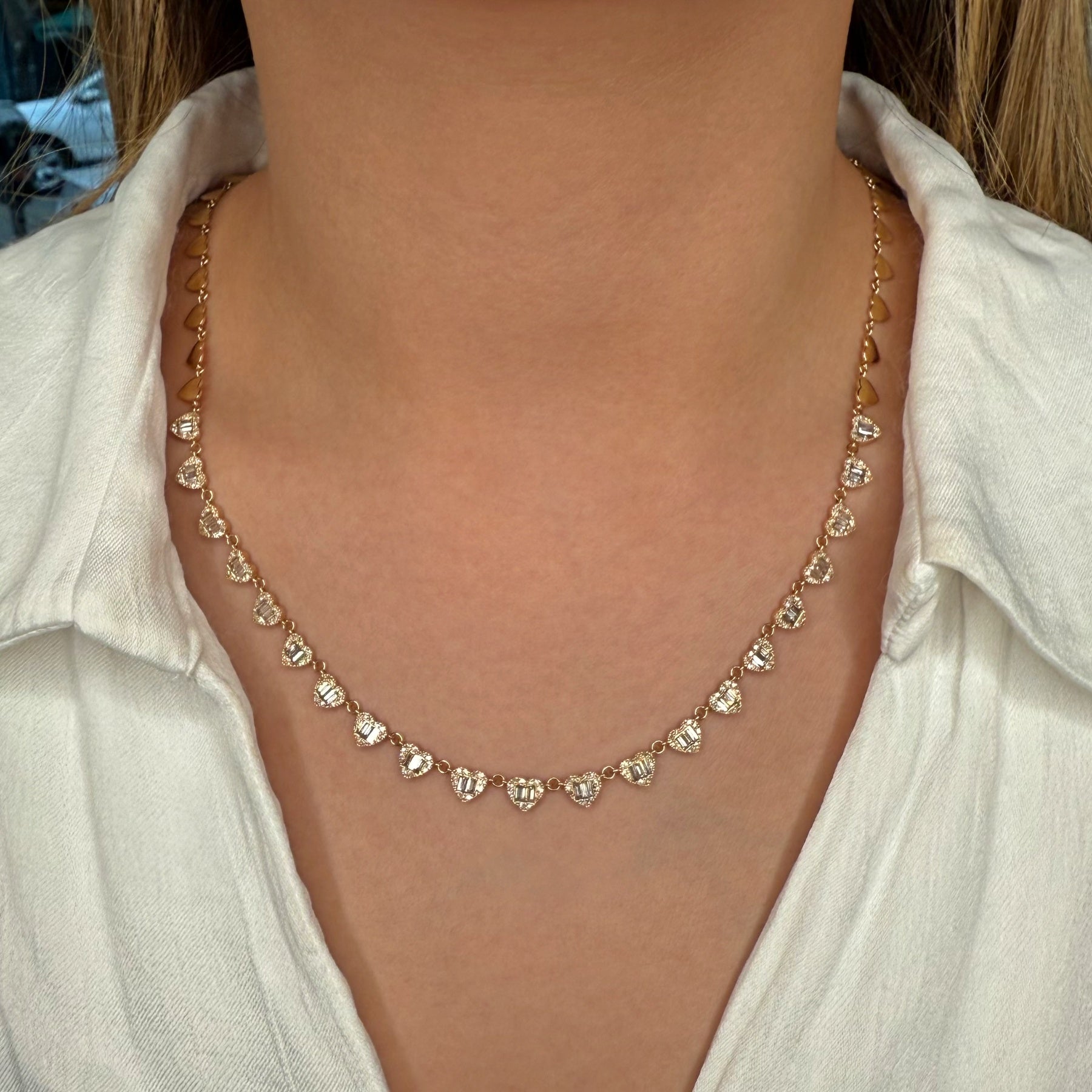 14KT Yellow Gold Baguette Diamond Hearts Necklace