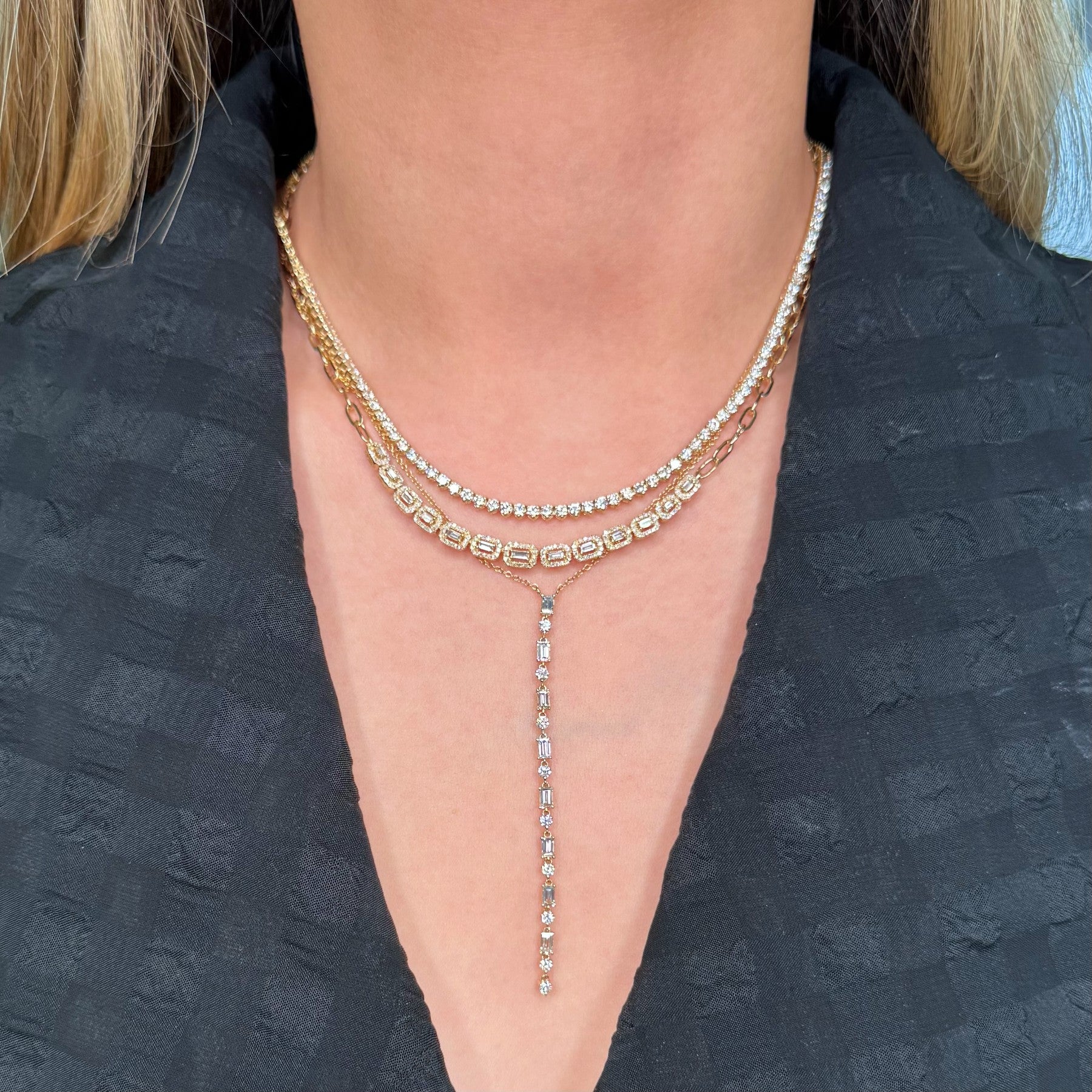 14KT Yellow Gold Diamond Primrose Tennis Necklace & 14KT Yellow Gold Baguette Diamond Margaret Chain Link Necklace & 14KT Yellow Gold Baguette Diamond Tanya Lariat Necklace