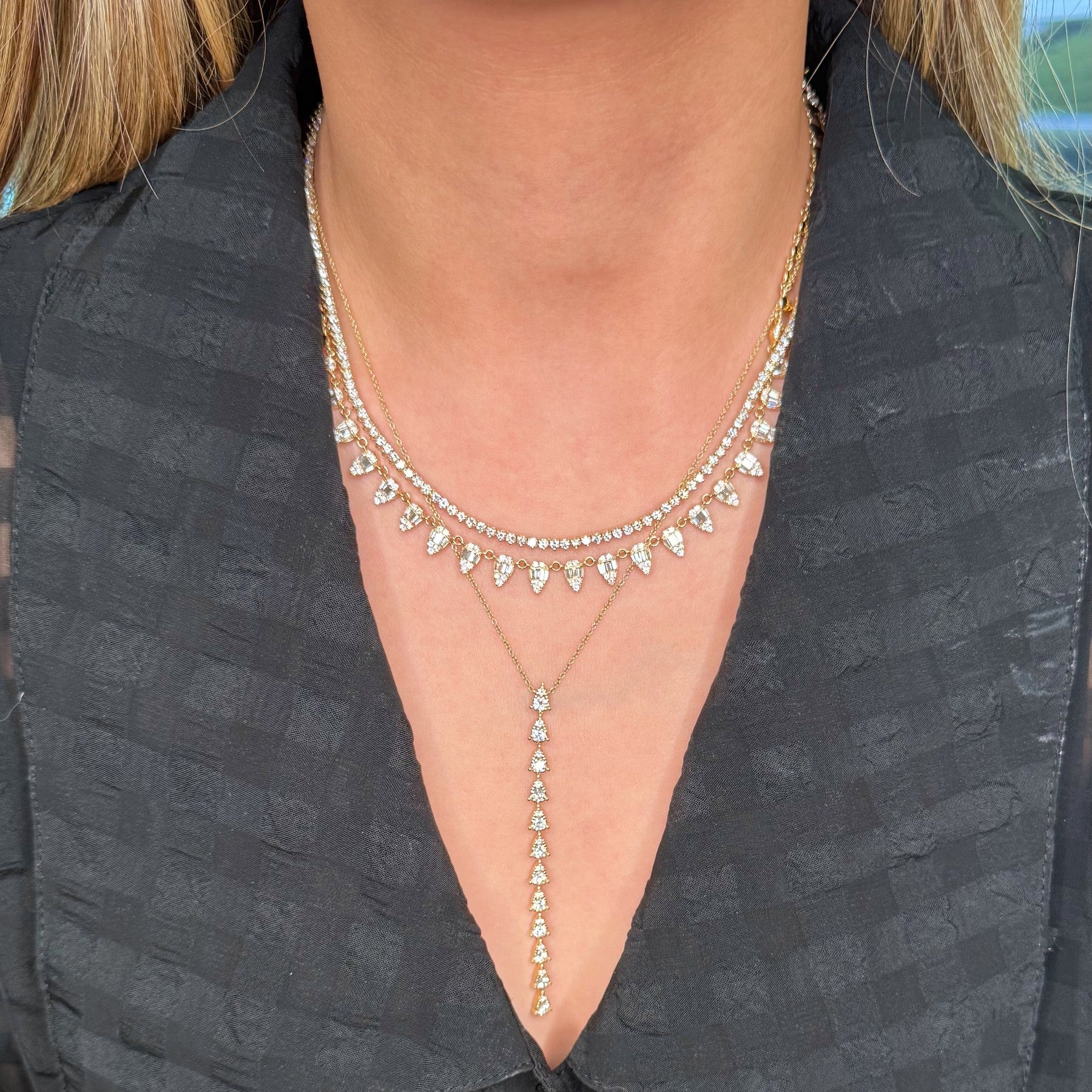 14KT Yellow Gold Diamond Abigail Tennis Necklace & 14KT Yellow Gold Baguette Diamond Elaine Necklace & 14KT Yellow Gold Diamond Nara Lariat Necklace