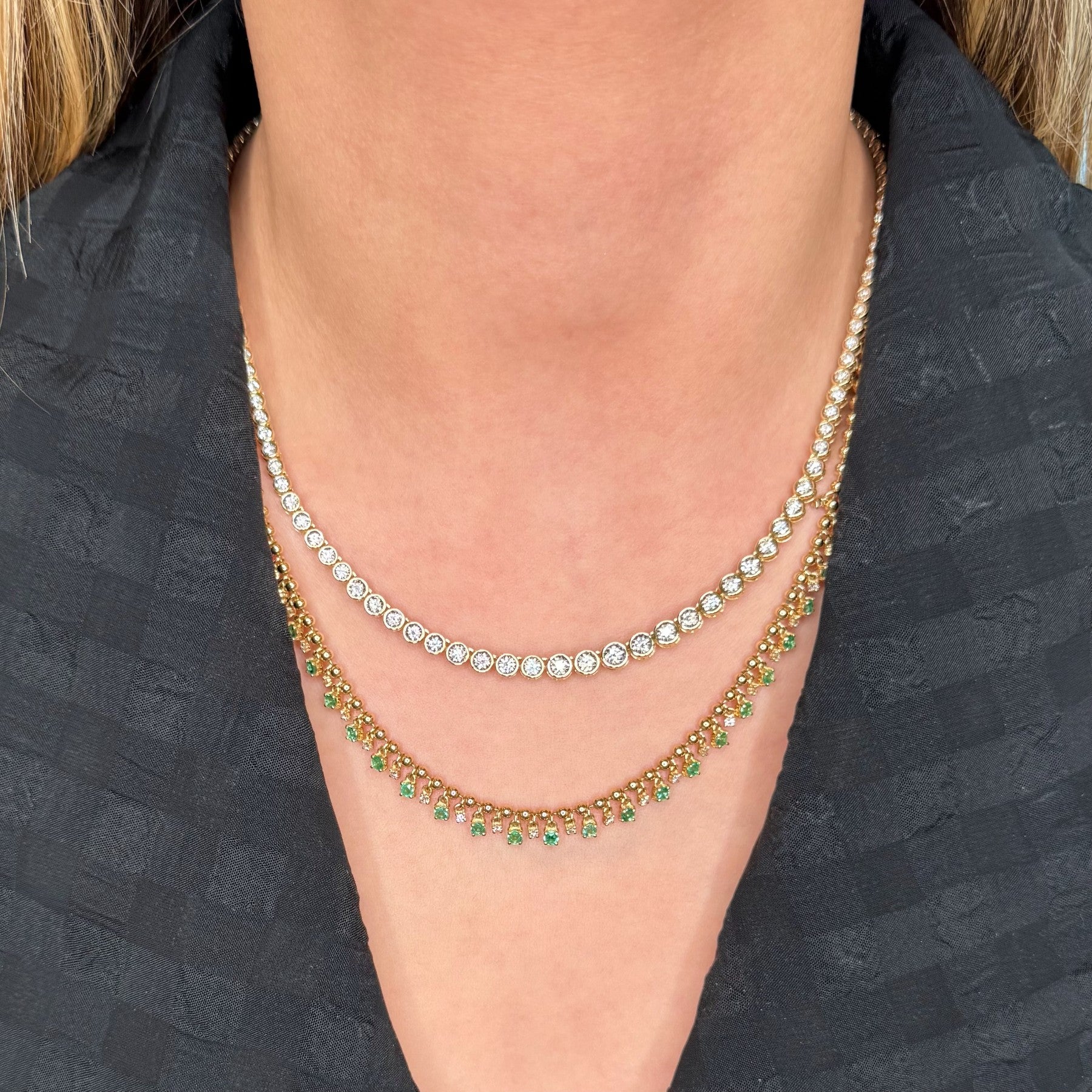 14KT Yellow Gold Diamond Margot Tennis Necklace & 14KT Yellow Gold Emerald Diamond Nova Necklace