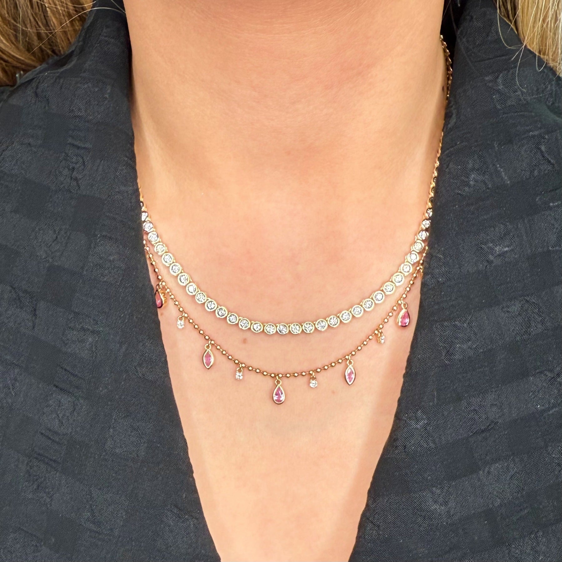 14KT Yellow Gold Diamond Piper Tennis Necklace & 14KT Yellow Gold Pink Sapphire Diamond Gianna Necklace