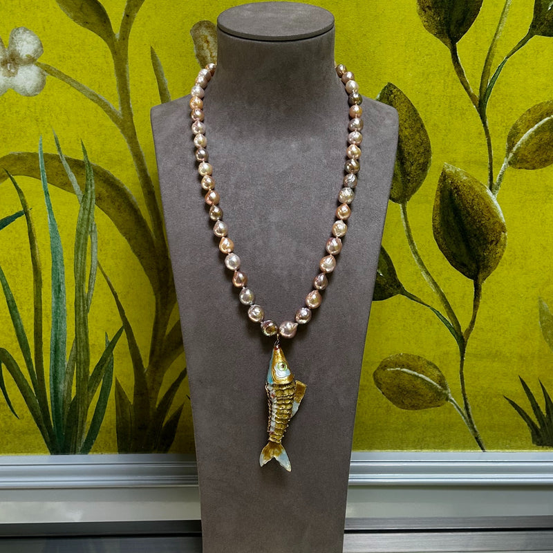 Baroque Gold & Pink Freshwater Pearl Gold Cloisonne Enamel Koi Necklace