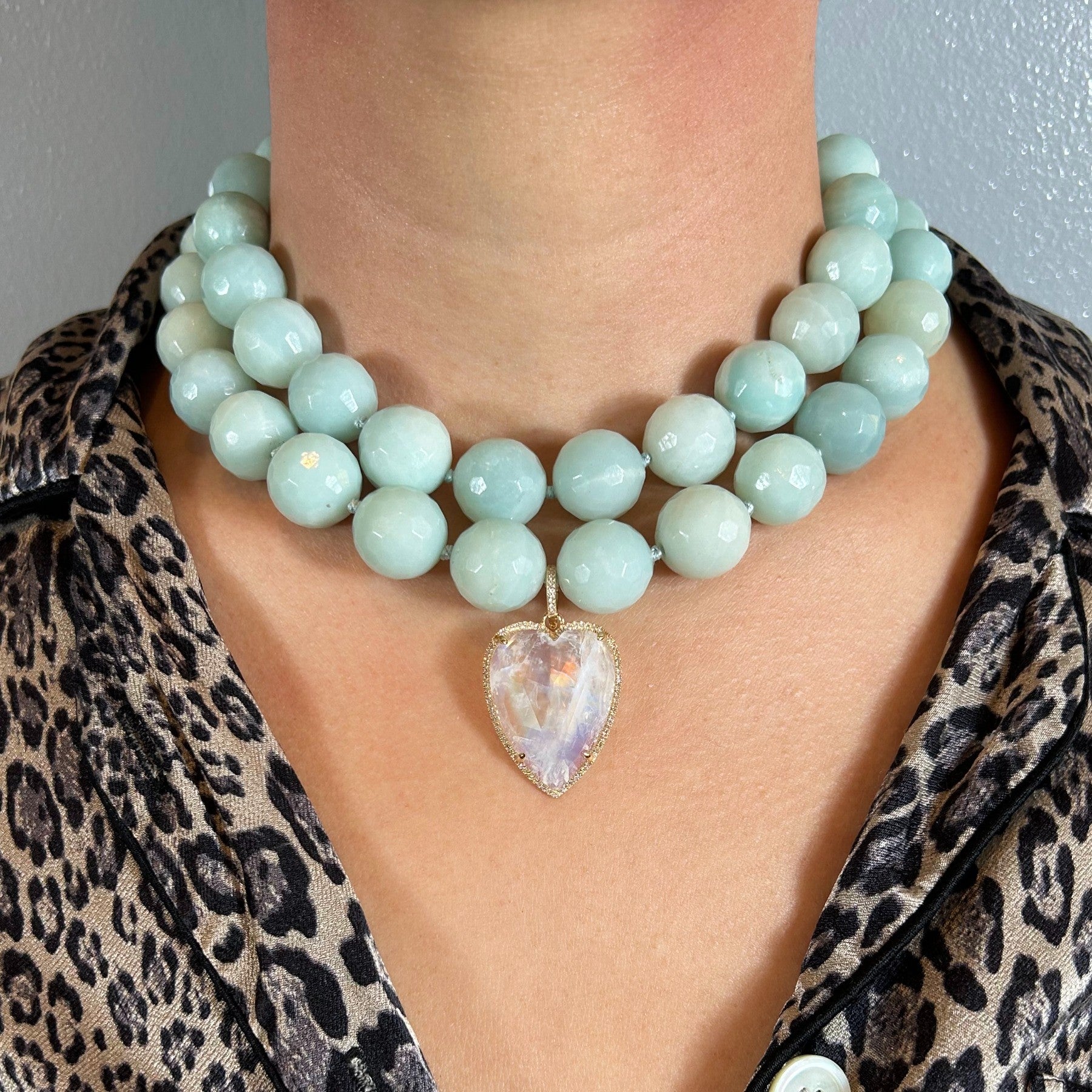 16mm Amazonite Necklace & 14KT Yellow Gold Moonstone Diamond Large Heart Charm with Diamond Clip on Bail