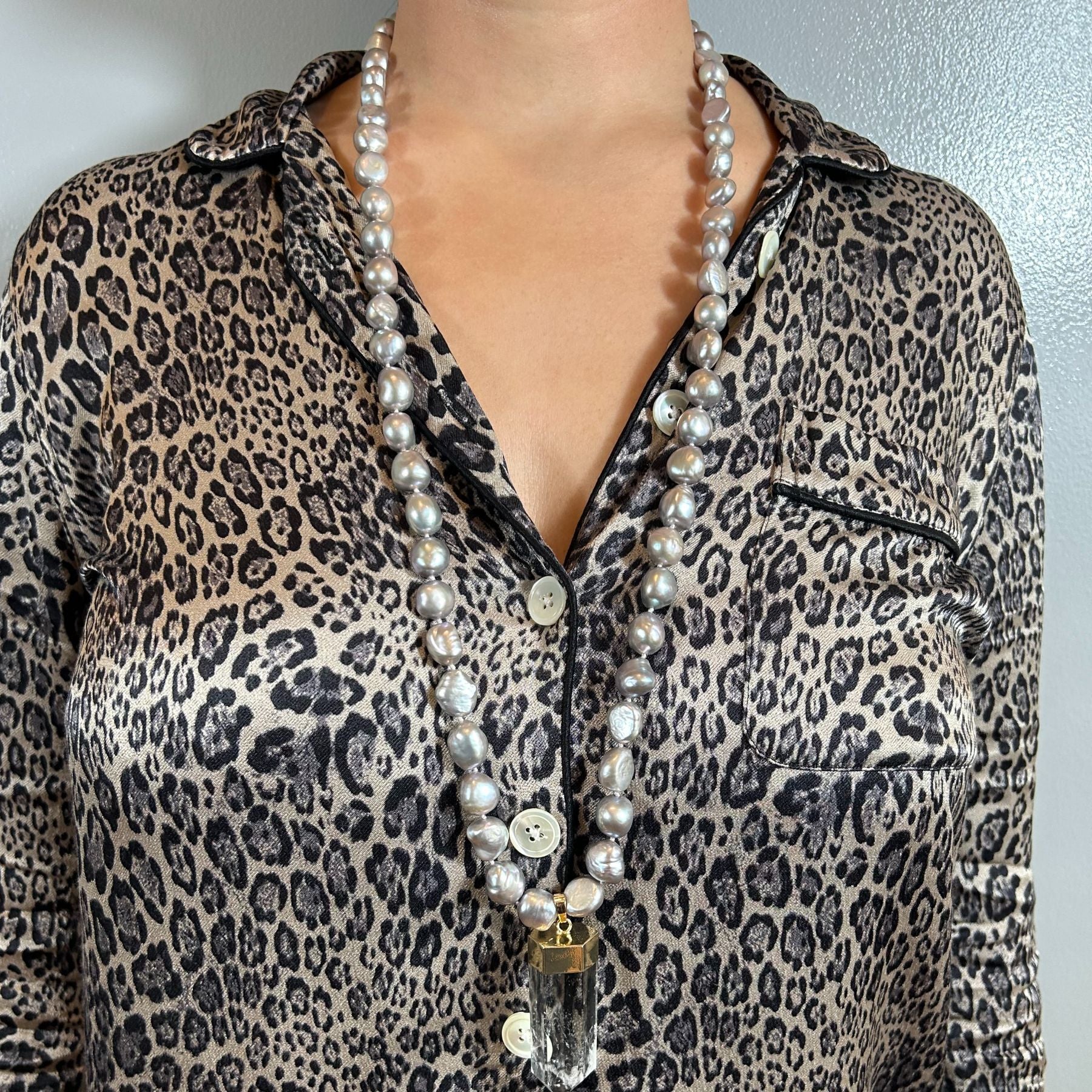 Grey Pearl Quartz Crystal Amulet Necklace
