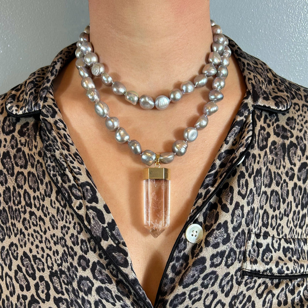 Grey Pearl Quartz Crystal Amulet Necklace