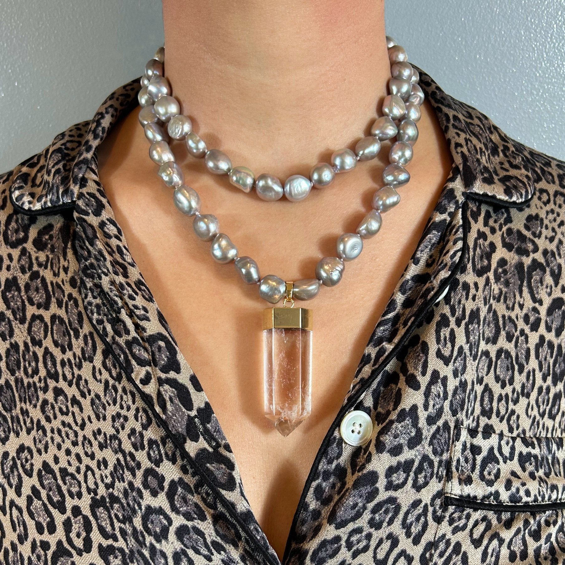 Grey Pearl Quartz Crystal Amulet Necklace