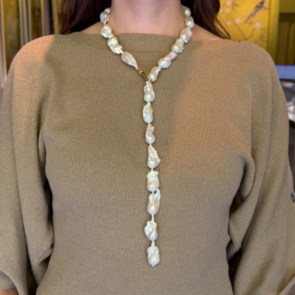Large White Baroque Pearl Lariat Necklace
