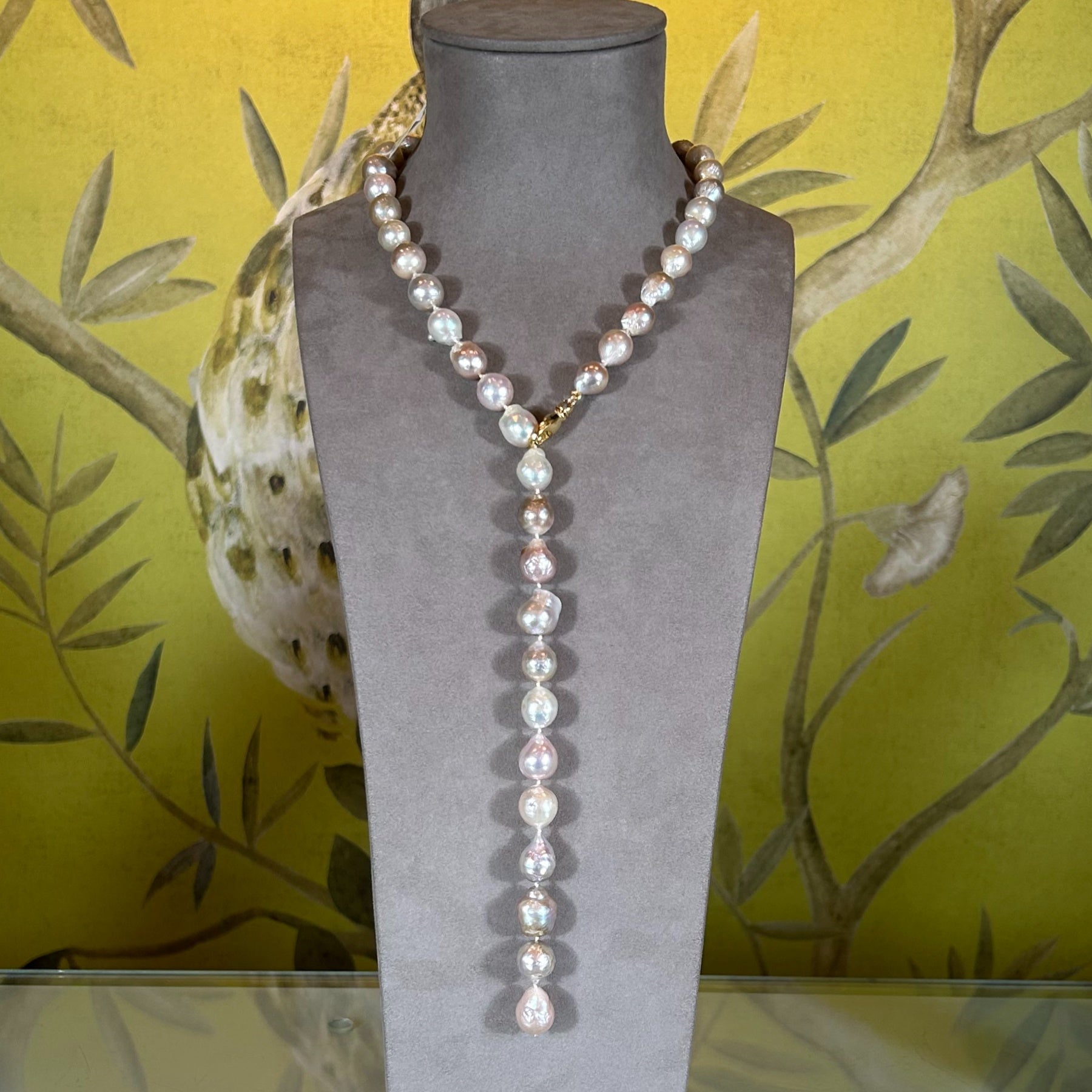 Pink and Grey Pearl Lariat Necklace