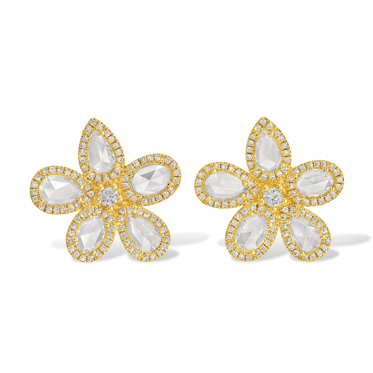 14KT Yellow Gold Rose Cut Diamond Flower Studs
