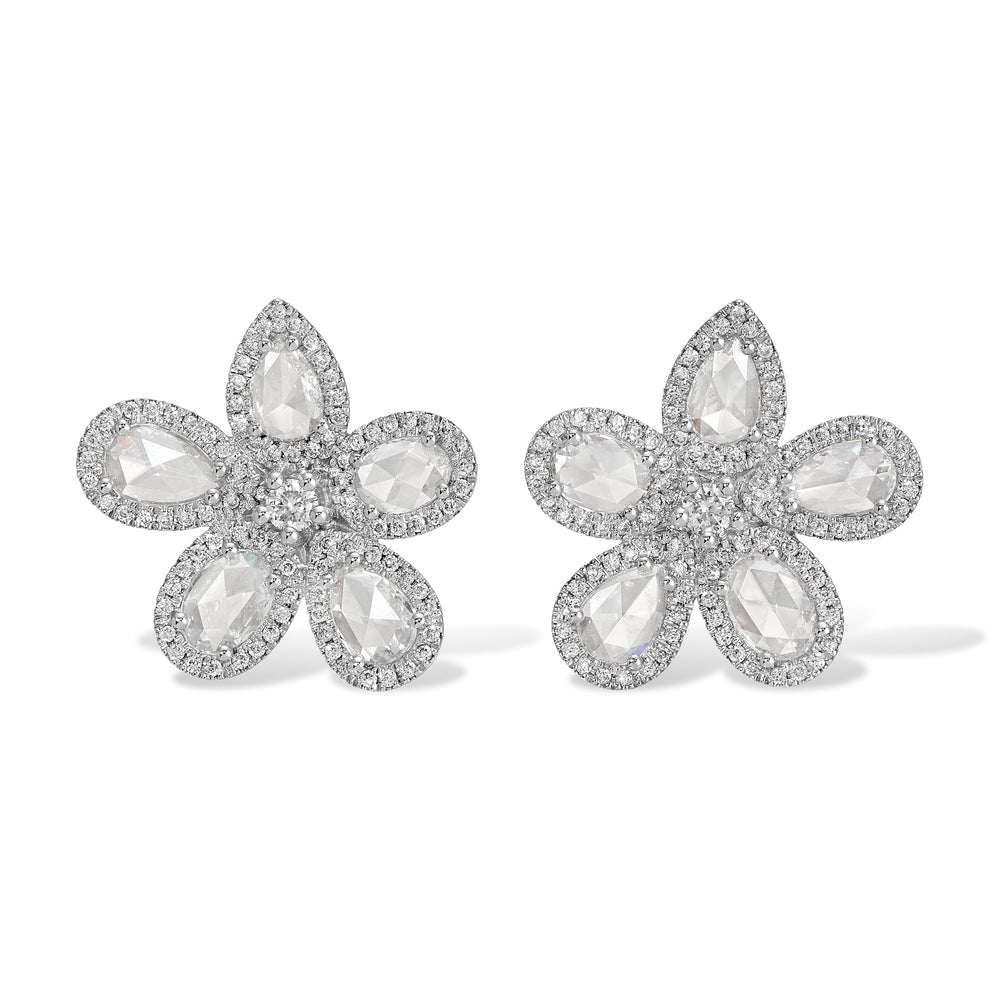 14KT White Gold Rose Cut Diamond Flower Studs