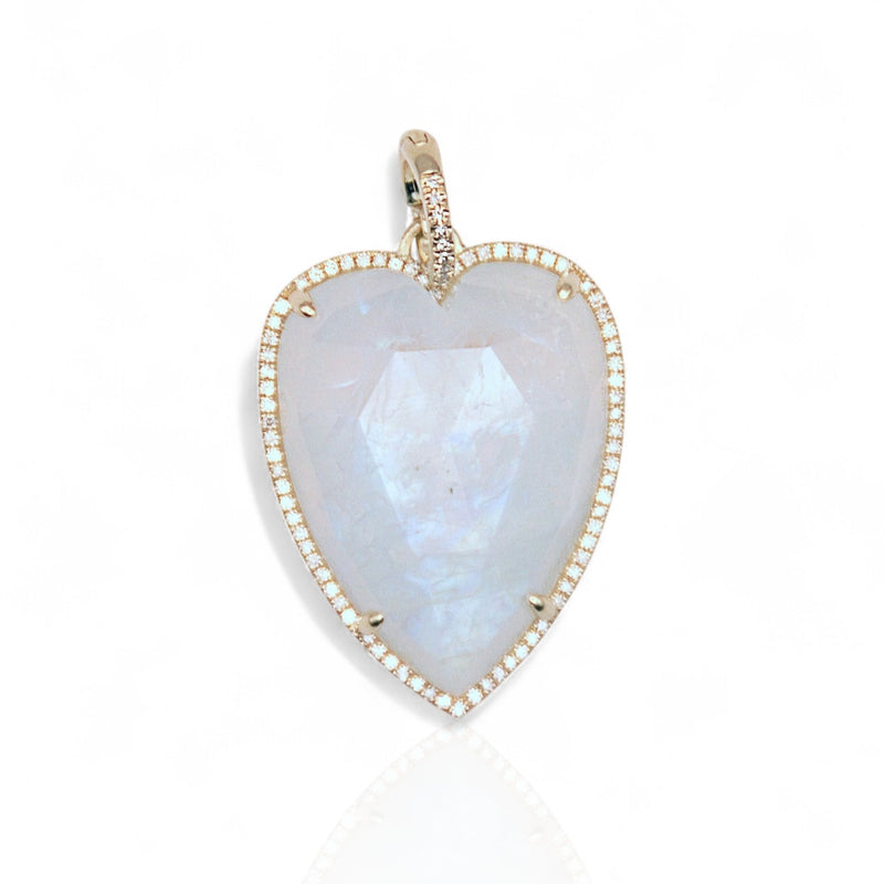 14KT Yellow Gold Moonstone Diamond Large Heart Charm with Diamond Clip on Bail
