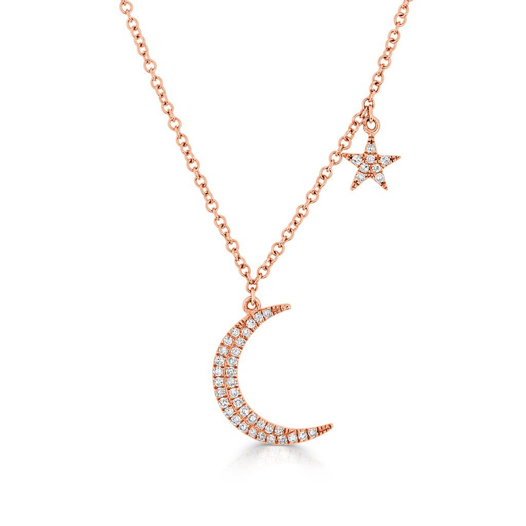 14KT Rose Gold Diamond Mini Moon and Star Necklace