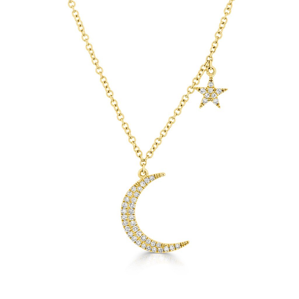 14KT Yellow Gold Diamond Mini Moon and Star Necklace