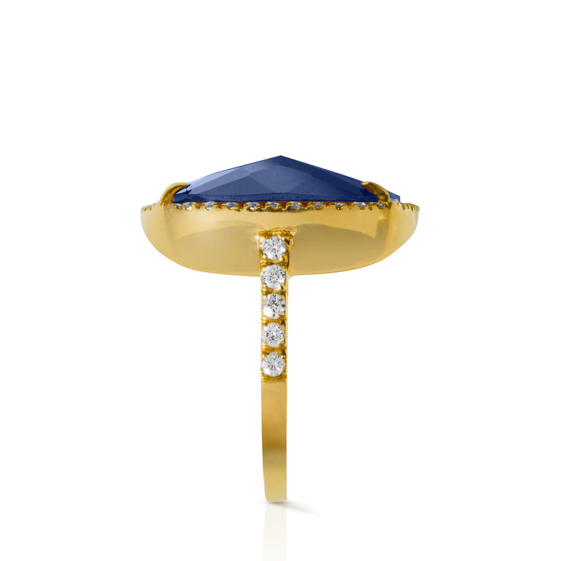 14KT Yellow Gold Diamond Blue Sapphire Triplet Cushion Cut Cocktail Ring