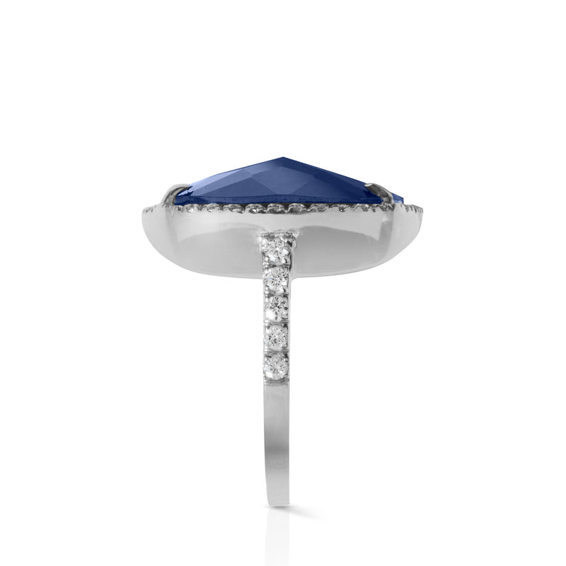 14KT White Gold Diamond Blue Sapphire Triplet Cushion Cut Cocktail Ring