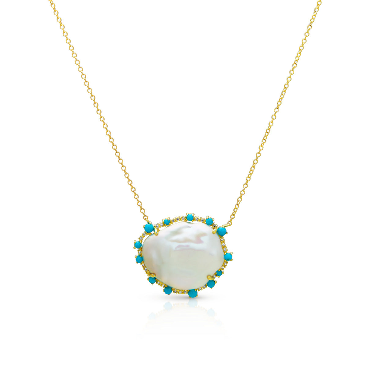 14KT Yellow Gold Baroque Pearl Turquoise Diamond Moorea Necklace