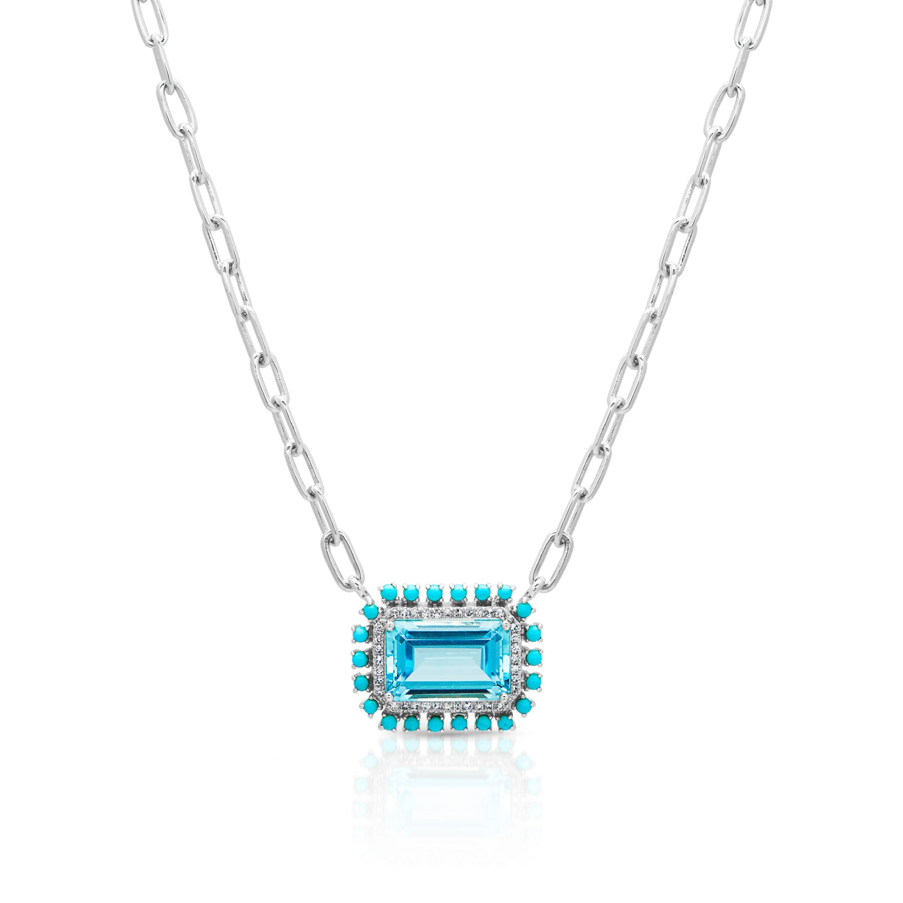 18KT White Gold Blue Topaz Turquoise Diamond Portofino Chain Link Necklace