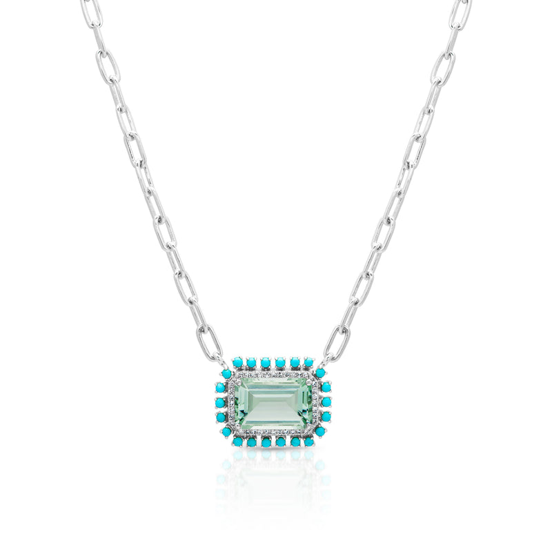 18KT White Gold Green Amethyst Turquoise Diamond Portofino Chain Link Necklace