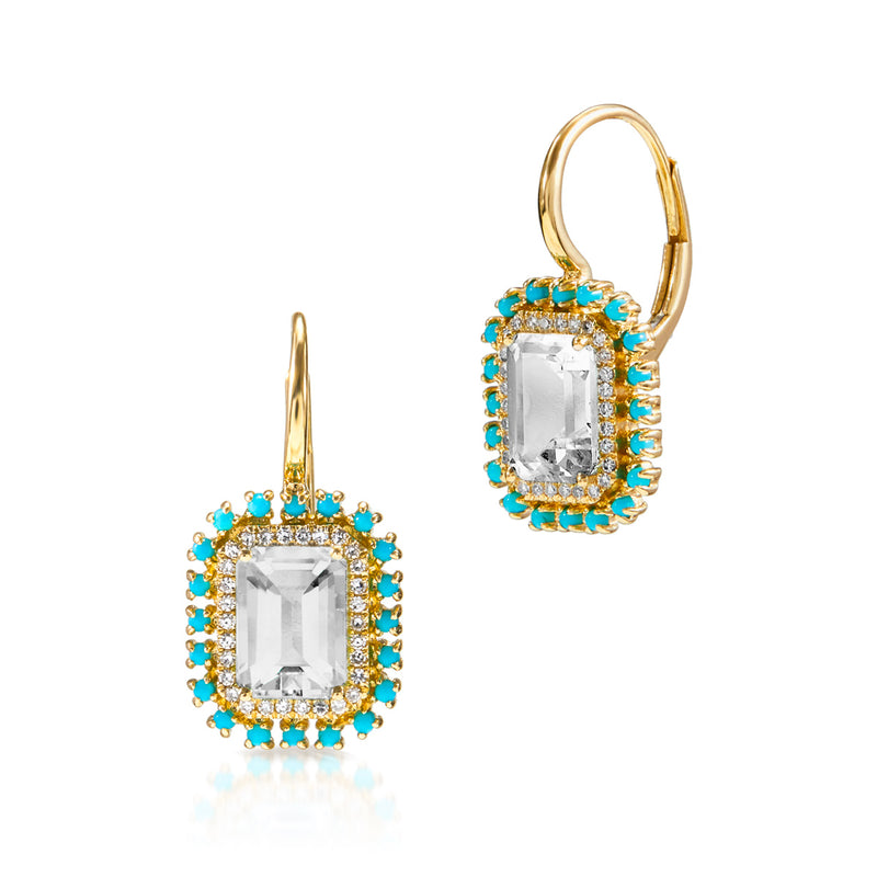 14KT Yellow Gold Topaz Turquoise Diamond Monaco Leverback Earrings