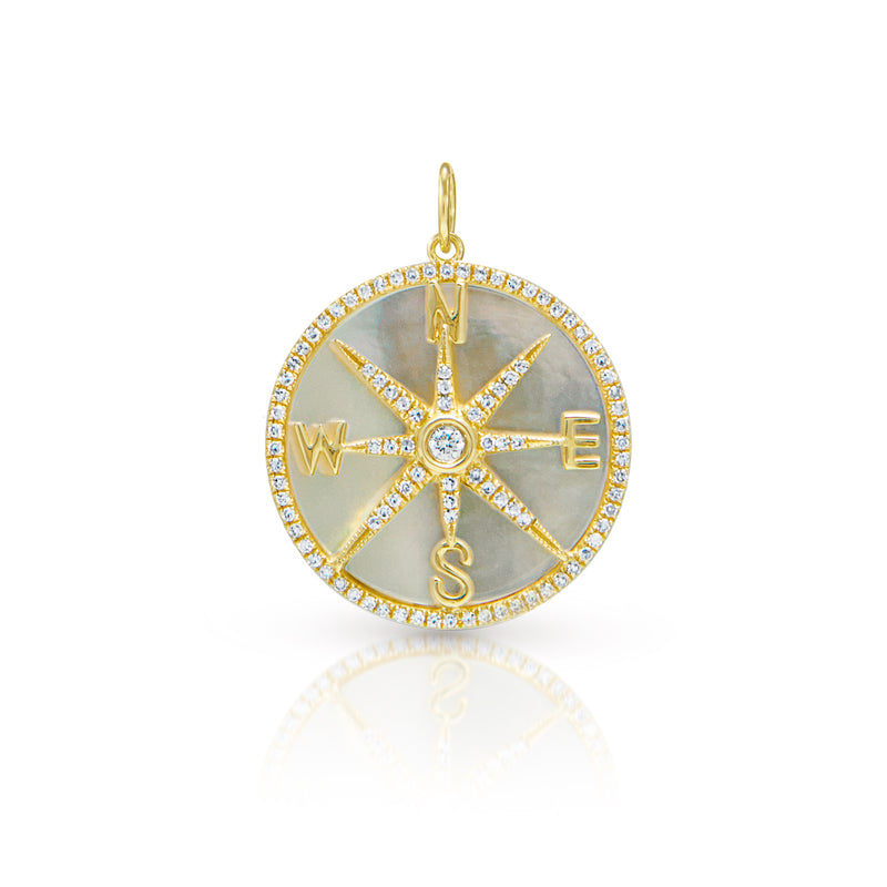14KT Yellow Gold Mother of Pearl Diamond Compass Charm