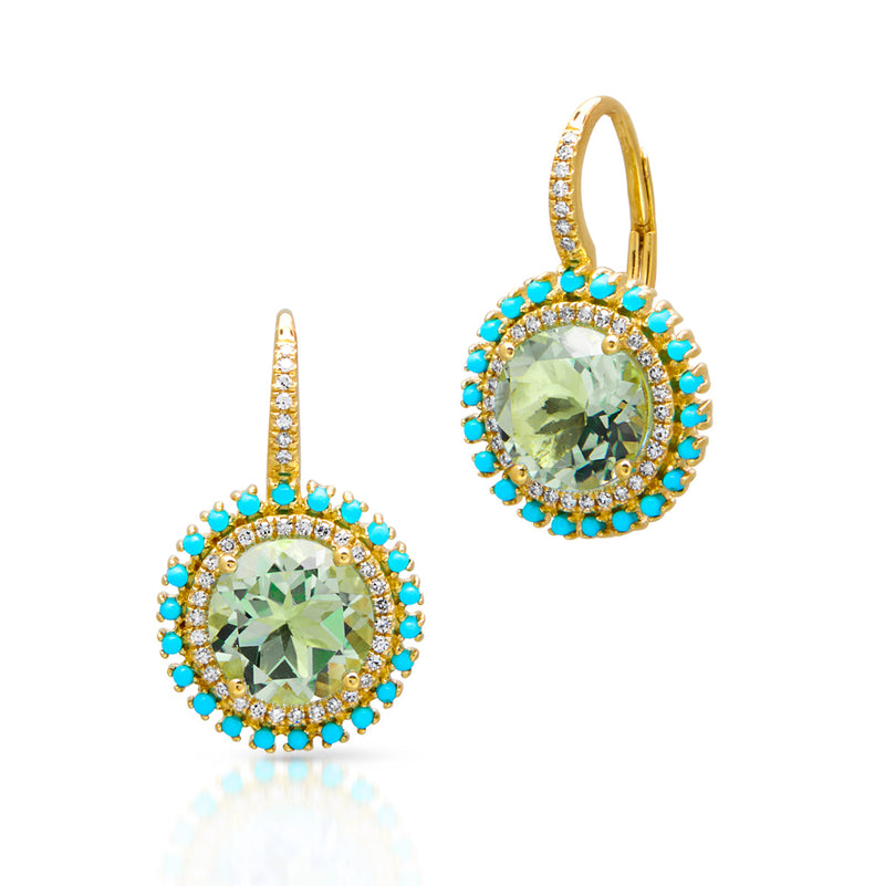 14KT Yellow Gold Green Amethyst Turquoise Diamond Round Kai Earrings