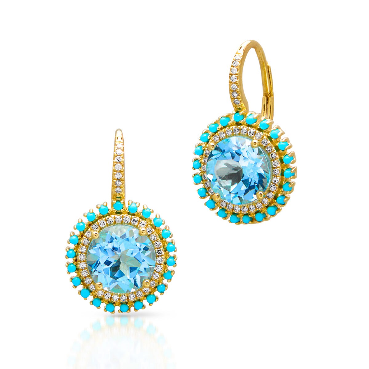 14KT Yellow Gold Blue Topaz Turquoise Diamond Round Kai Earrings