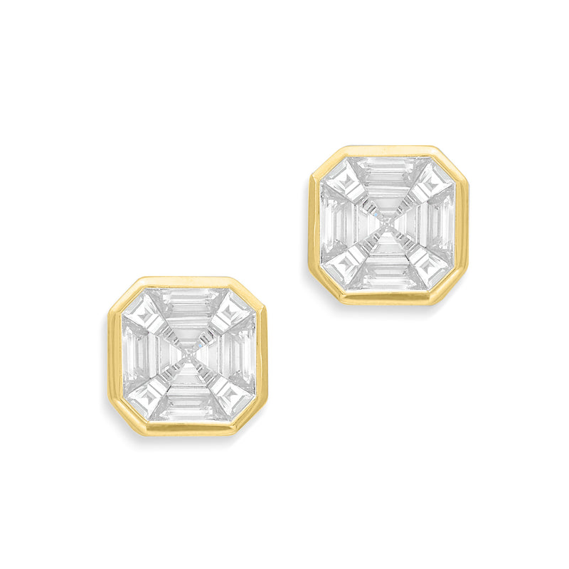 18KT Yellow Gold Asscher Cut Diamond Illusion Stud Earrings