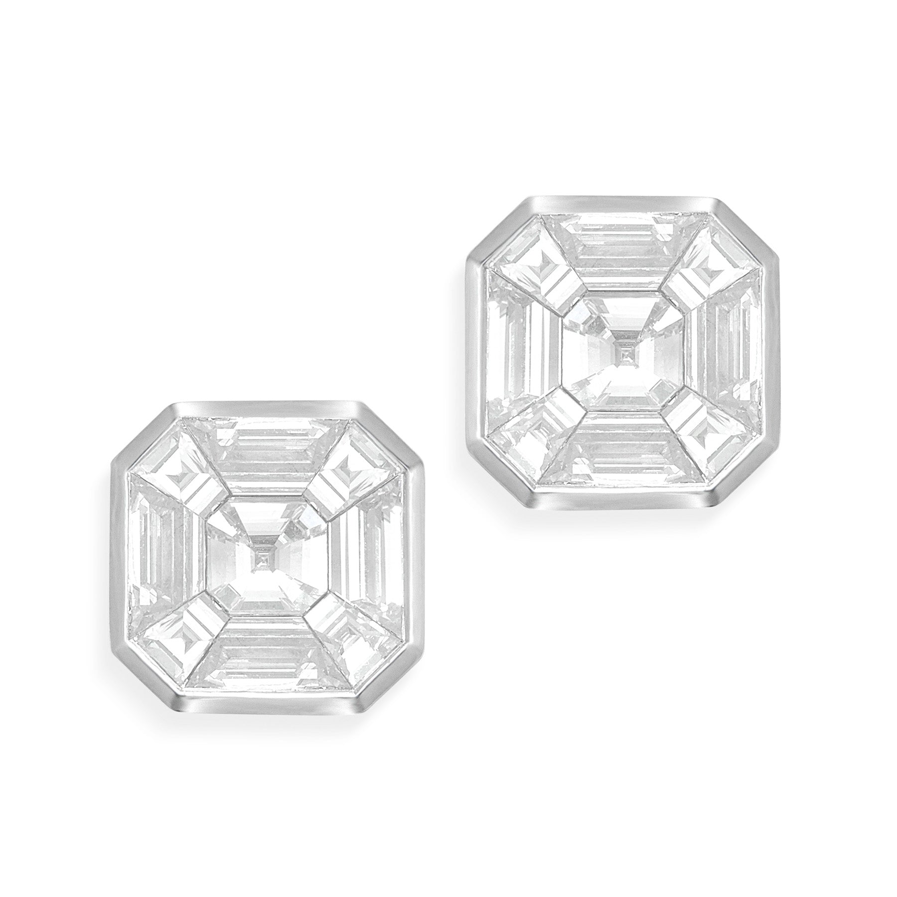 18KT White Gold Asscher Cut Diamond Illusion Stud Earrings