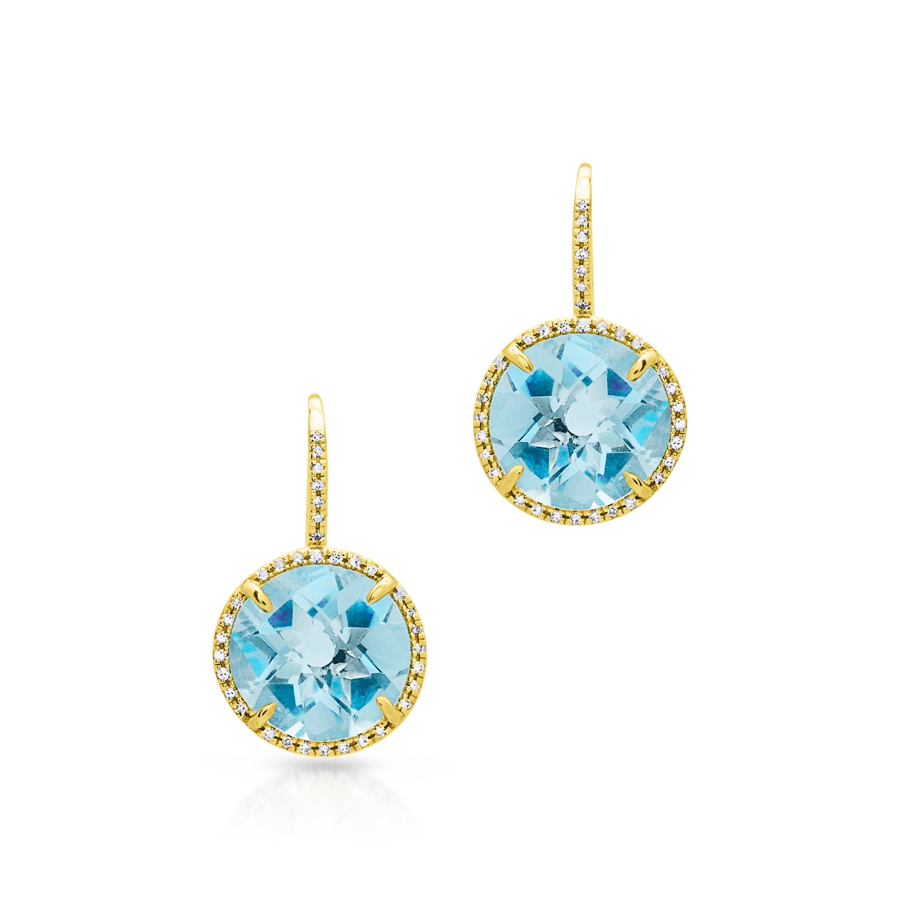 14KT Yellow Gold Blue Topaz Diamond Round Earrings