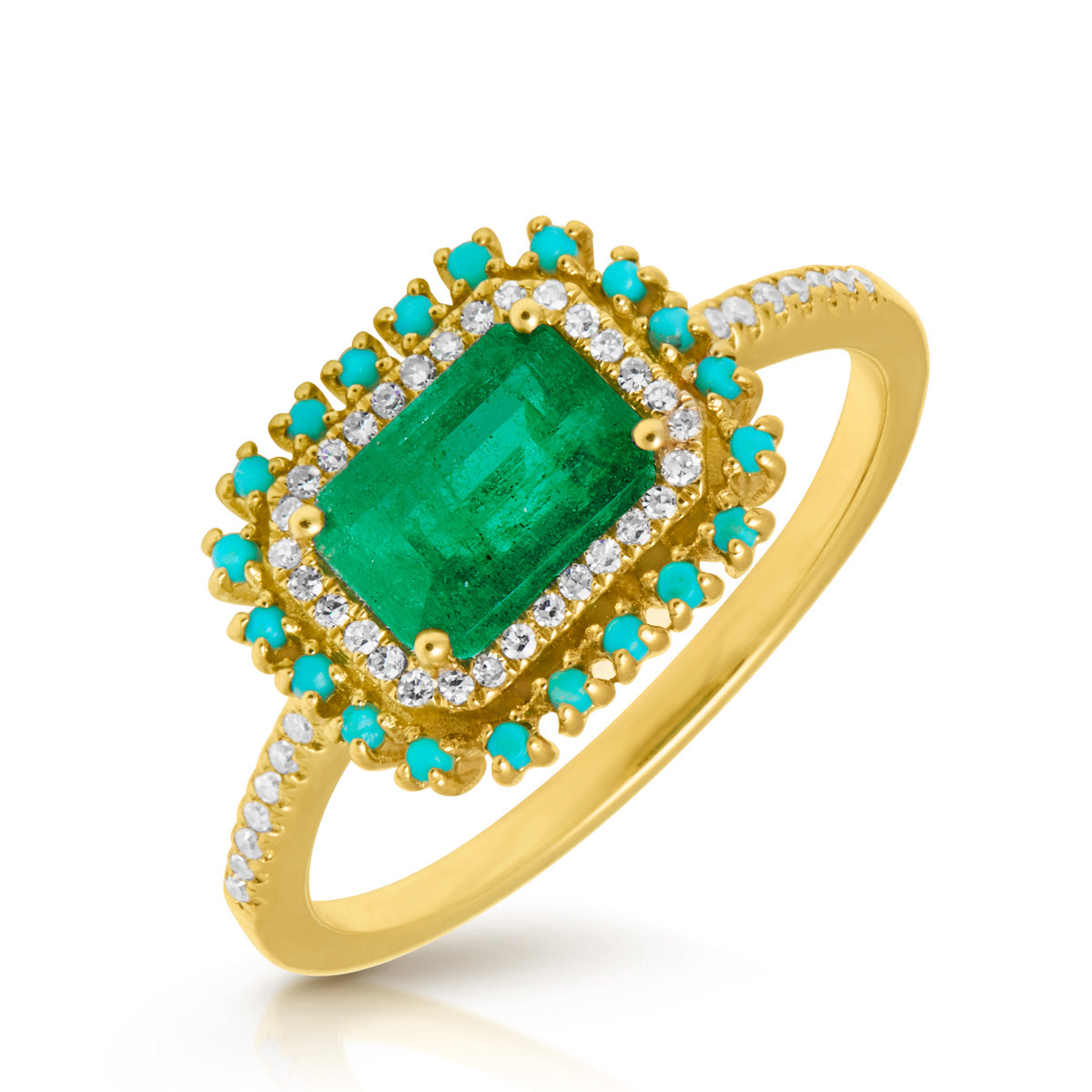 14KT Yellow Gold Emerald Turquoise Diamond Ring