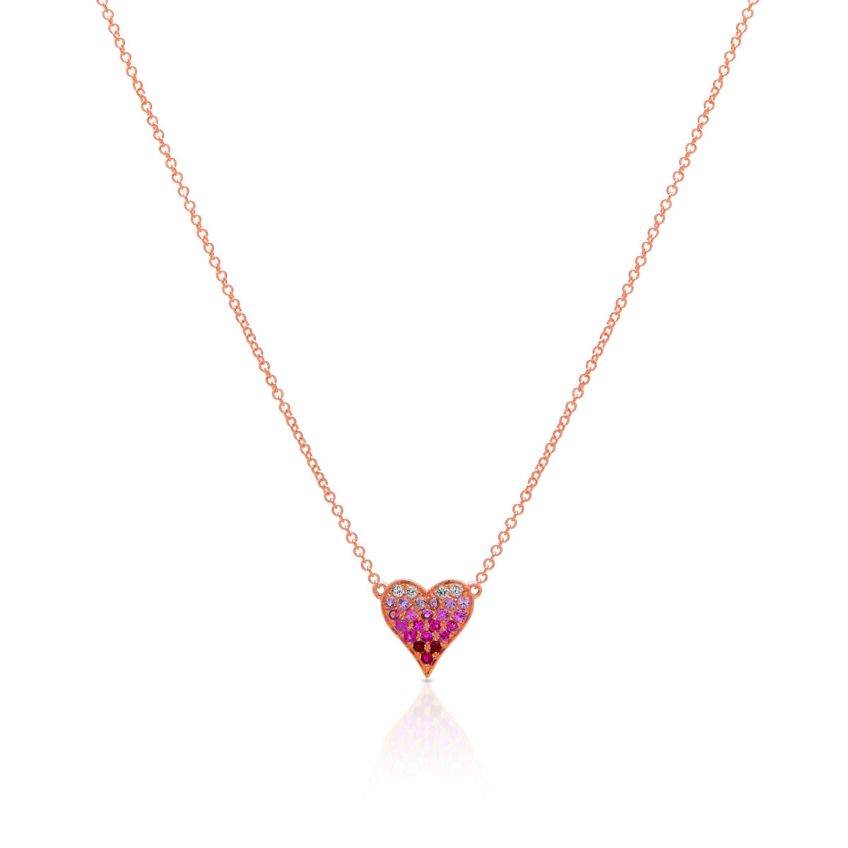 14KT Rose Gold Pink Sapphire Diamond Ombre Small Heart Necklace
