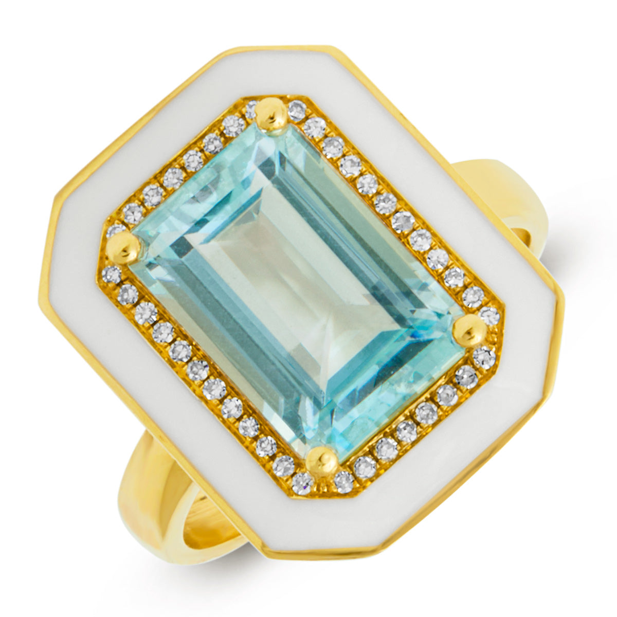 14KT Yellow Gold Blue Topaz Enamel Diamond Deco Ring