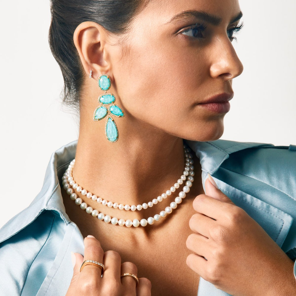 Model wearing 14KT Yellow Gold Turquoise Doublet Diamond Bellissima Earrings
